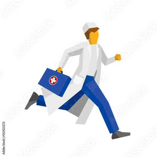 Doctor in a white coat running with first aid box. Hurrying medic isolated on white background. Simple flat style clip art.