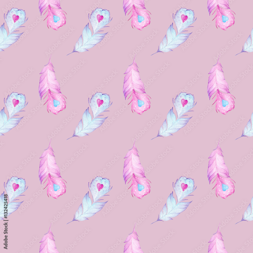 Seamless watercolor pattern with hand drawn feathers Seamless watercolor pattern with hand drawn feathers
