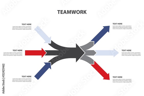 Converging and Diverging horizontal arrows, isolated on white background. Teamwork and Focus on results. Vector Infographics template.
