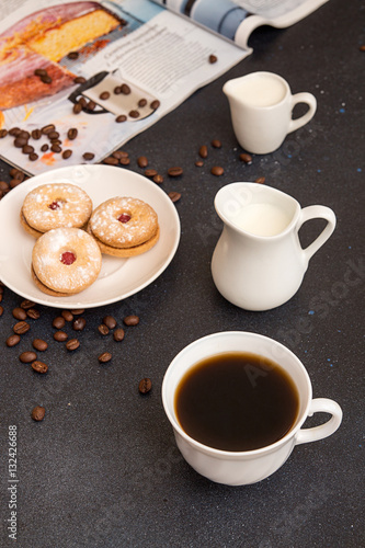 Coffee break. Morning breakfast. Cup of coffee and cookies