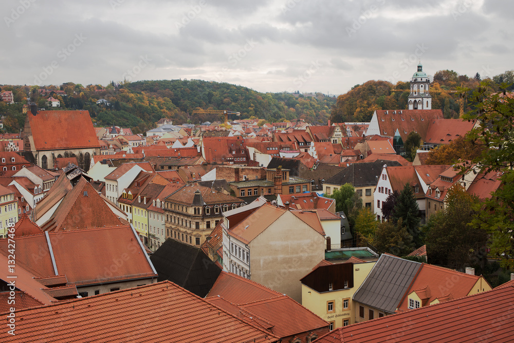Top view of the old city from the roof of red tiles, autumn