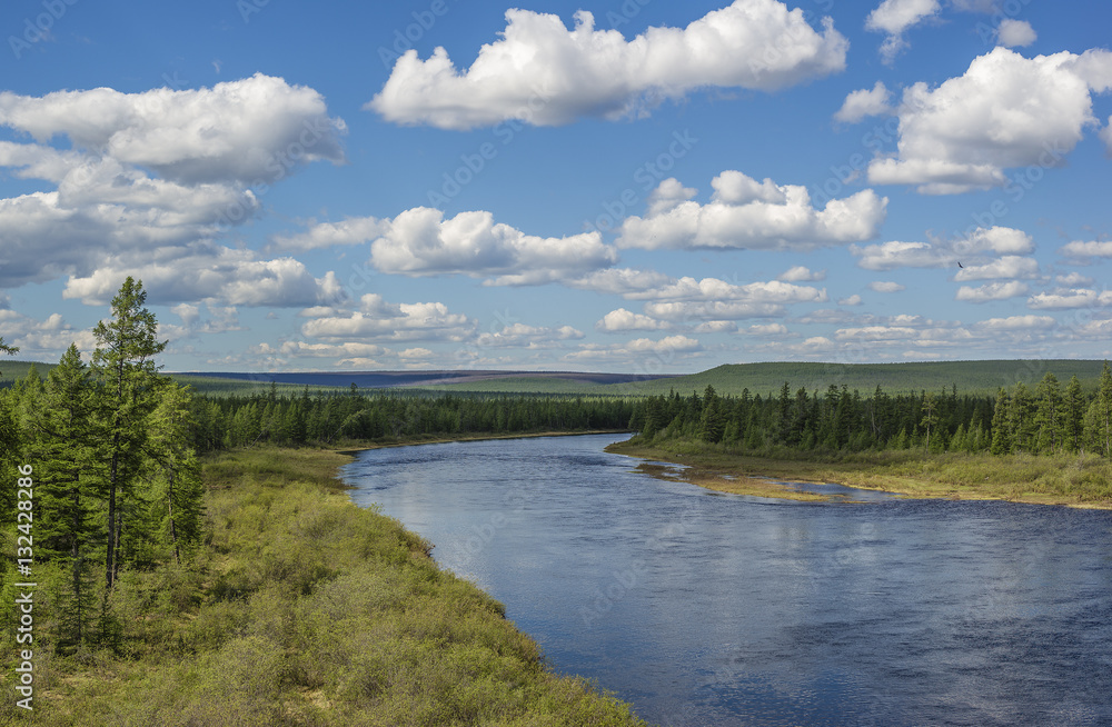 Summer landscape with river, forest, clouds on the blue sky and sunset. Summer landscape with river, forest, clouds on the blue sky and sunset.