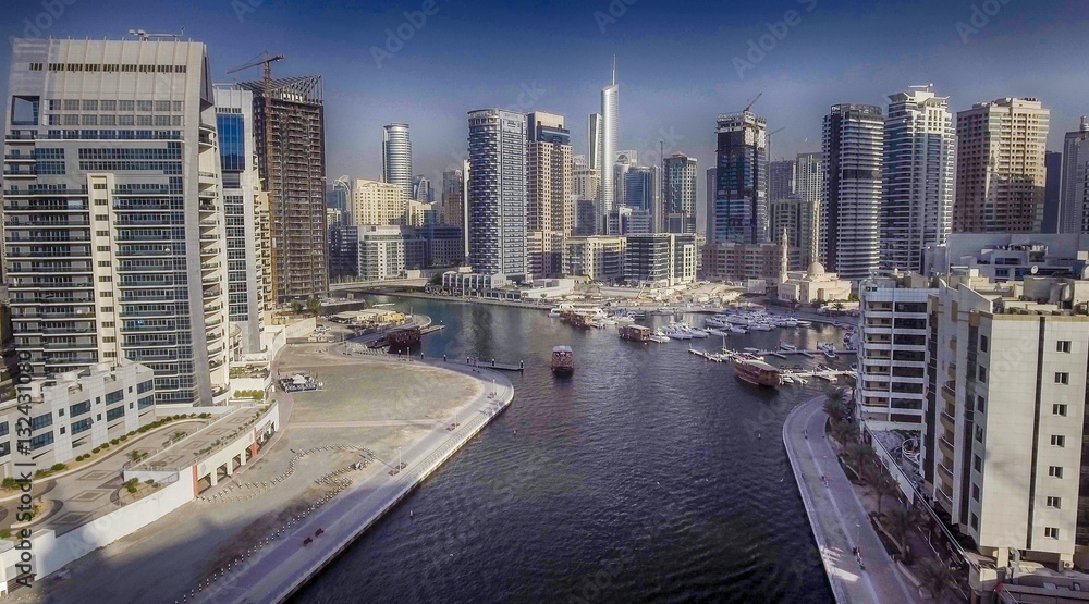 Aerial view of Dubai Marina buildings along artificial canal