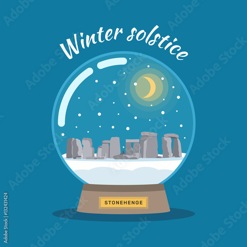 Vector Illustration of winter solstice on december 21. Snowball with Stonehenge.	