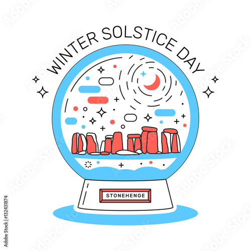 Vector Illustration of winter solstice on december 21. Snowball with Stonehenge.