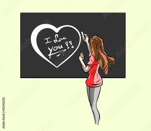 Juffrouw schrijft met krijt op schoolbord i love you
