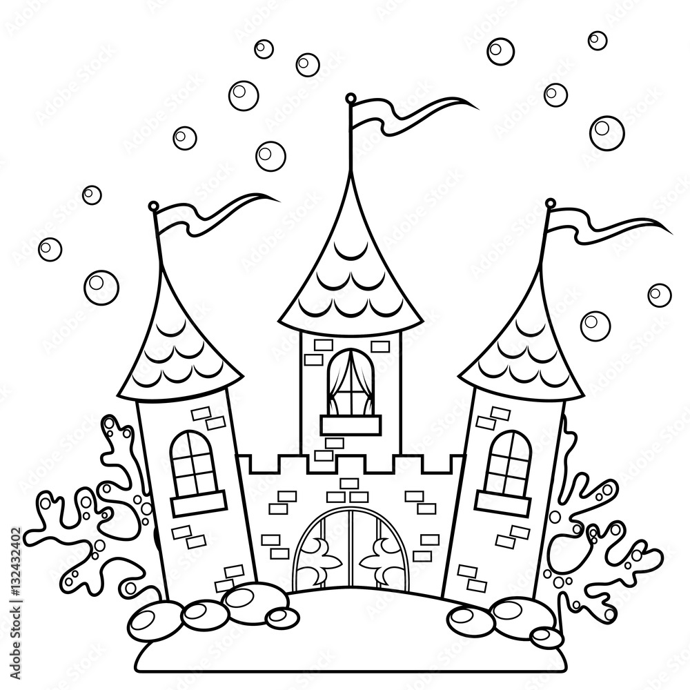 Underwater castle. Black and white vector illustration for coloring ...
