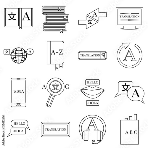 Translator profession icons set, outline style