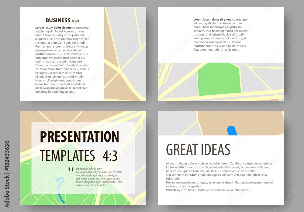 Set of business templates for presentation slides. Easy editable layouts. City map with streets. Flat design template, tourism businesses, abstract vector illustration.