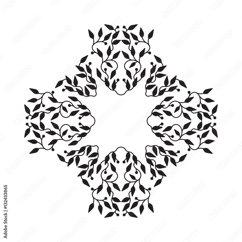 Fototapeta premium Abstract black color frame design, isolated template on white background. Circle made emblem with leaves. Spa concept monogram, natural badge. Vector decoration for fashion, cosmetics, beauty industry