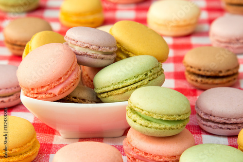 French colorful macarons in a bowl