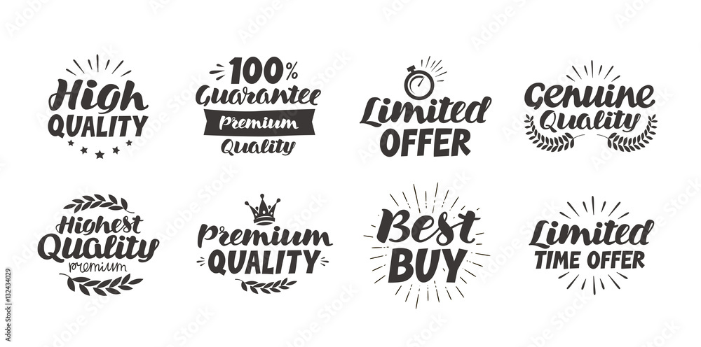 Business set icons or symbols. Hand-drawn beautiful lettering highest quality, premium, limited time offer, guarantee, best buy, genuine. Vector illustration Business set icons or symbols. Hand-drawn beautiful lettering highest quality, premium, limited time offer, guarantee, best buy, genuine. Vector illustration