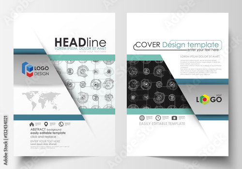 Business templates for brochure, magazine, flyer. Cover template, flat layout in A4 size. High tech design, connecting system. Science and technology concept. Futuristic abstract vector background.