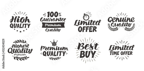 Business set icons or symbols. Hand-drawn beautiful lettering highest quality, premium, limited time offer, guarantee, best buy, genuine. Vector illustration