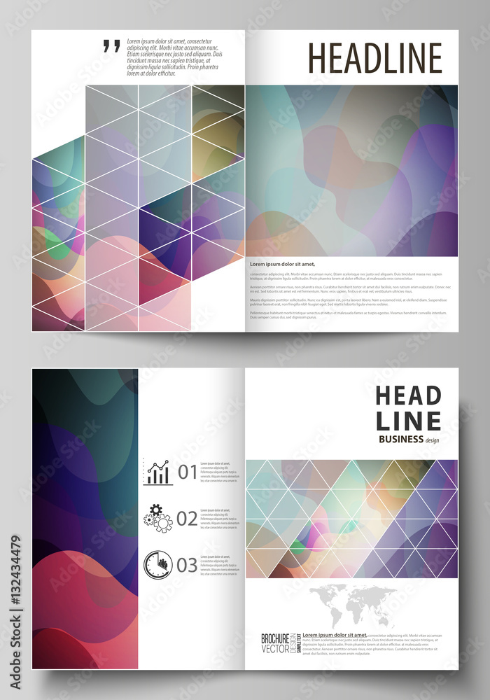 Business templates for bi fold brochure, magazine, flyer, booklet or annual report. Cover design template, flat style vector layout in A4 size. Colorful pattern with shapes forming abstract background
