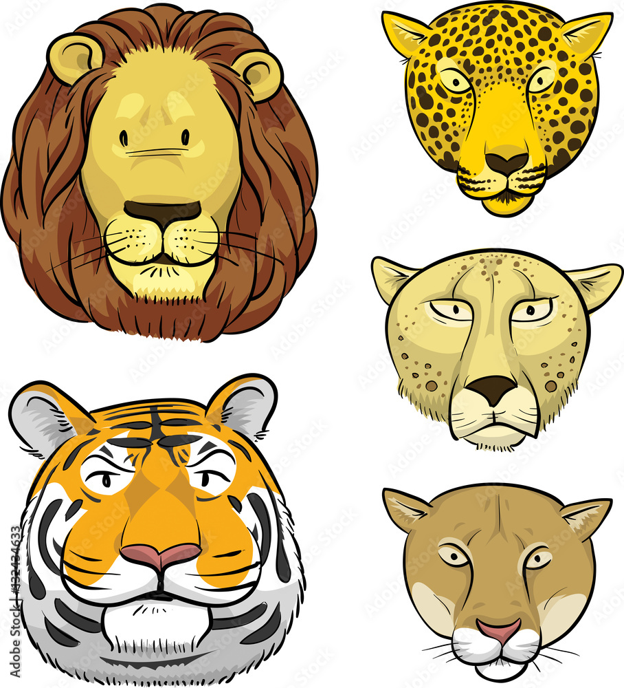A set of five cartoon faces of big, wild cats including a lion, tiger,  cheetah, cougar and leopard. Stock Vector | Adobe Stock