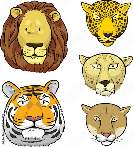 Photography A set of five cartoon faces of big, wild cats including a lion, tiger, cheetah, cougar and leopard