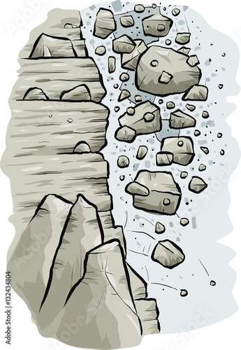 Cartoon rocks tumble over a cliff during an avalanche.