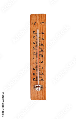 Thermometer on wooden base with celsius and fahrenheit degrees scale, isolated on white background with clipping path.