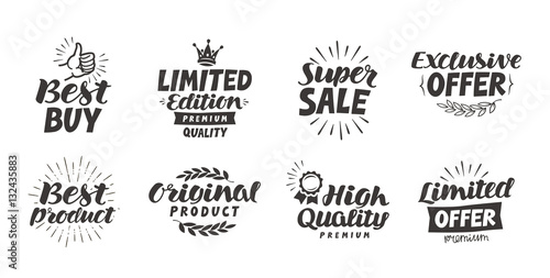 Business, shopping vector set icons. Lettering best product, super sale, exclusive offer, high quality, original, limited edition