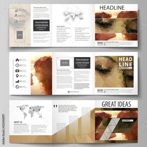 Set of business templates for tri fold square design brochures. Leaflet cover, abstract vector layout. Romantic couple kissing. Beautiful background. Geometrical pattern in triangular style.