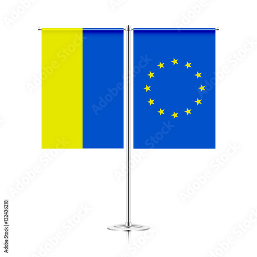 table stand with flags of ukraine and nato. symbolizing the cooperation between the two countries. vector table flags