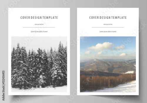 Business templates for brochure, magazine, flyer, booklet, report. Cover design template, vector layout in A4 size. Abstract landscape of nature. Dark color pattern in vintage style, mosaic texture.