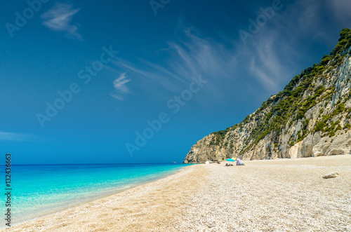Egremni beach, Lefkada island, Greece. Large and long beach with turquoise water.