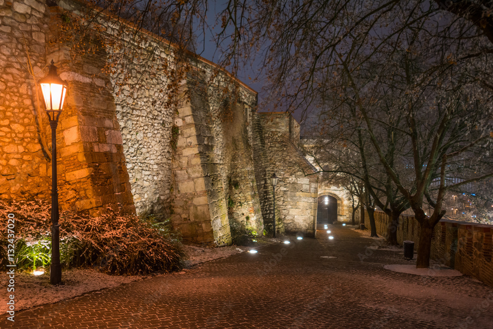 Sigismund Gate on a winter night, main entrance to Bratislava Castle hill