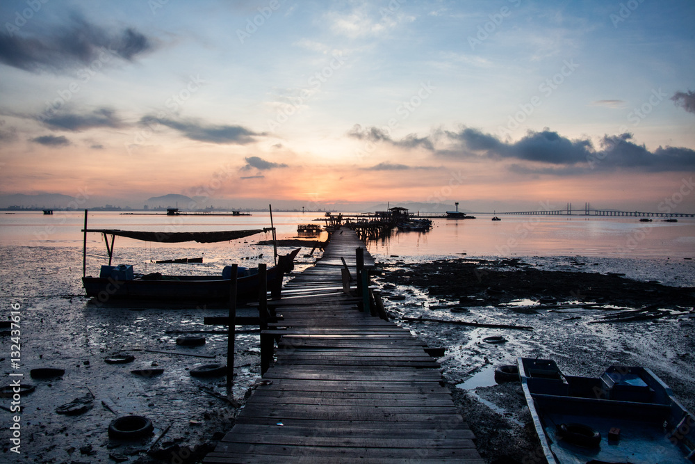 Wooden bridge sunrise for background