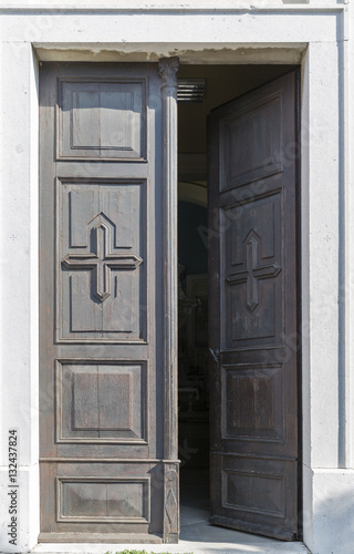 Church door closeup in Smartno medieval village, Slovenia. © Panama