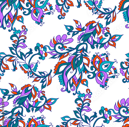 Floral seamless background pattern in oriental style. Indian flowers and leaves. Vector illustration hand drawn.