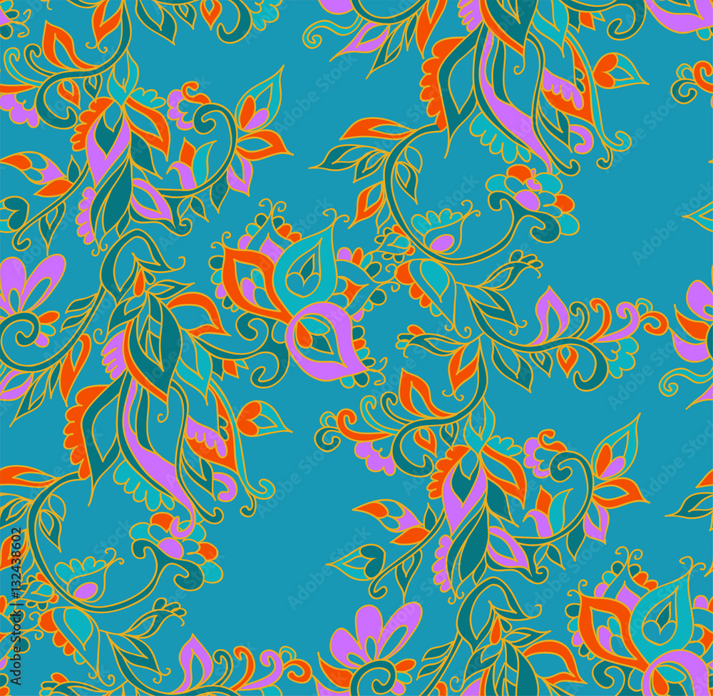 Plakat Floral seamless background pattern in oriental style. Indian flowers and leaves. Vector illustration hand drawn.