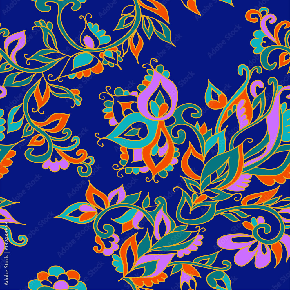 Floral seamless background pattern in oriental style. Indian flowers and leaves. Vector illustration hand drawn.