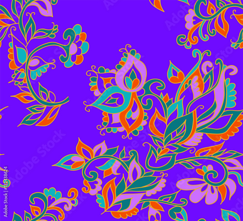 Floral seamless background pattern in oriental style. Indian flowers and leaves. Vector illustration hand drawn.