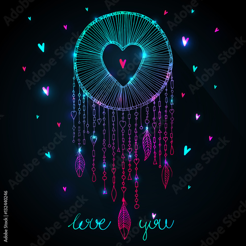 Valentines day design. Vector sparkling dream catcher with heart shape illustration. Native American ancient symbol dreamcatcher, sketch in outlines and magic sparkles
