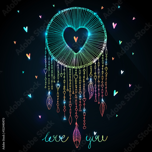 Valentines day design. Vector sparkling dream catcher with heart shape illustration. Native American ancient symbol dreamcatcher, sketch in outlines and magic sparkles