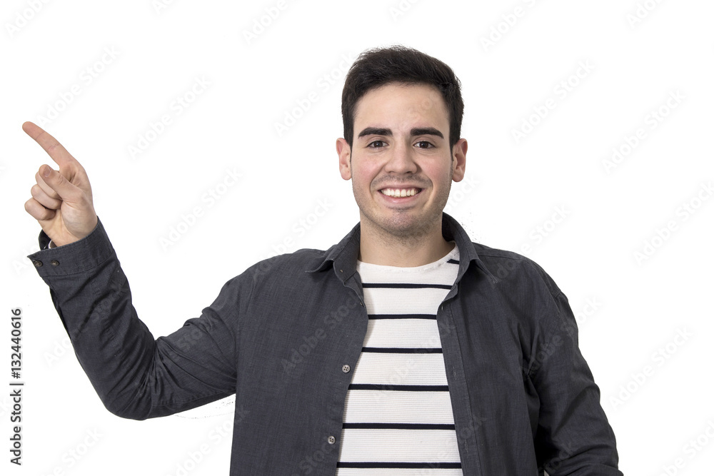 male young pointing out with the finger isolated in background white male young pointing out with the finger isolated in background white