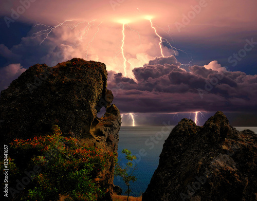 Lightning over a Black sea coast, Crimea / A distant storm approaching. Eastern Crimea, near Koktebel 