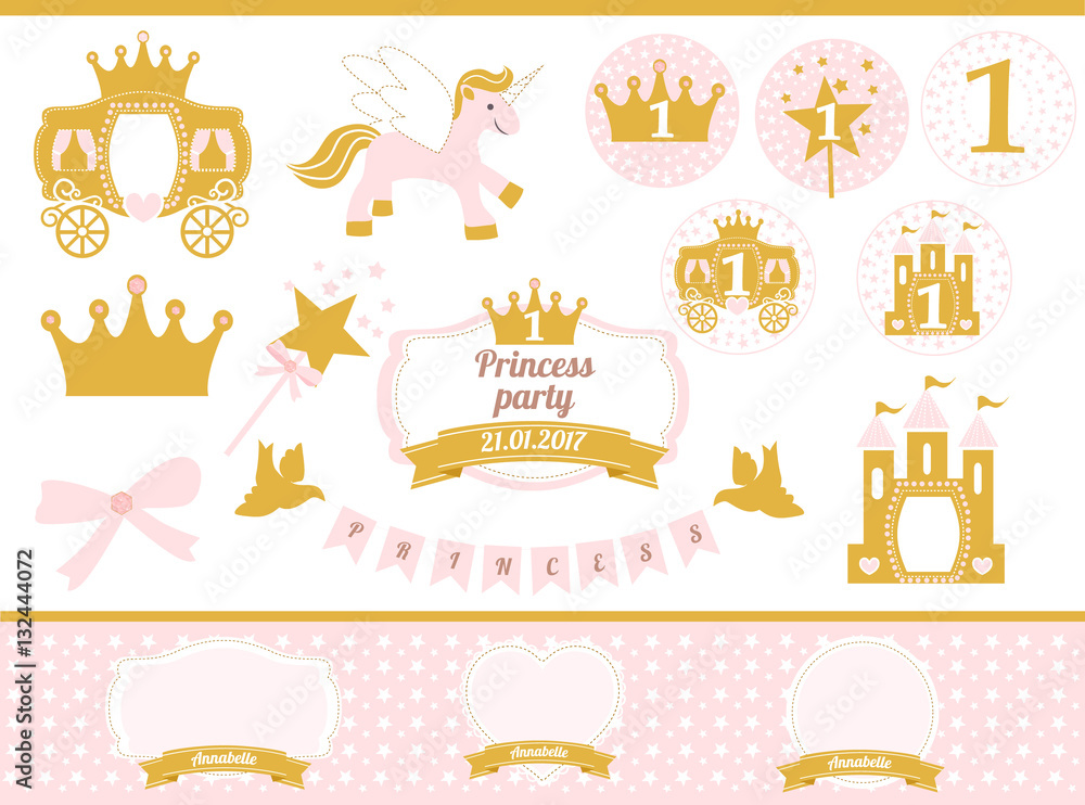 Pink and gold princess party decor. Cute happy birthday card template ...