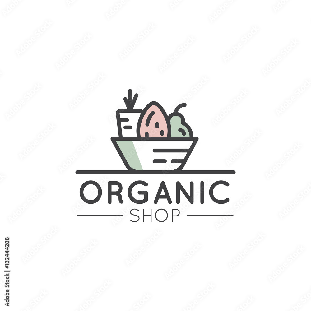 Vector Simple Icon Style Illustration Logo for Organic Shop or Market, Minimal Simple Badge with Fresh Vegetables in a Basket Vector Simple Icon Style Illustration Logo for Organic Shop or Market, Minimal Simple Badge with Fresh Vegetables in a Basket