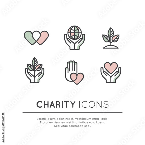 Vector Illustration Icon Set of Graphic Elements for Nonprofit Organizations and Donation Centre. Fundraising Symbols. Crowdfunding Project Label. Charity Logo