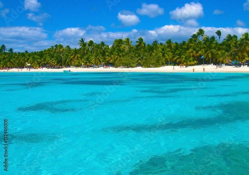 Fototapeta Naklejka Na Ścianę i Meble -  Beach Dominicana on the tropical island. Clear blue water, sand and palm trees. Beautiful vacation spot, treatment and aquatics.