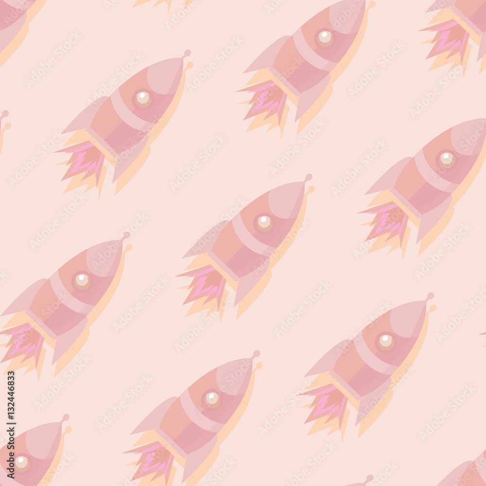 Cute and colorful space seamless pattern background with rockets. In pink and red colors.