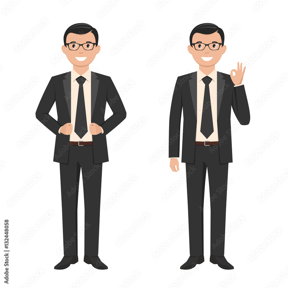 Vector illustration of a young cartoon style smiling businessman in a