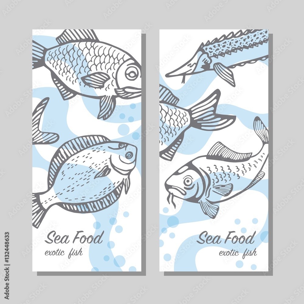 universal cards with pictures of exotic marine fish. creative banners. vector illustration