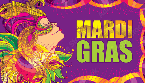 Vector poster with profile woman face in carnival mask with outline golden peacock feathers, ornate collar and colorful beads on the violet background. Design for Mardi Gras party in contour style.