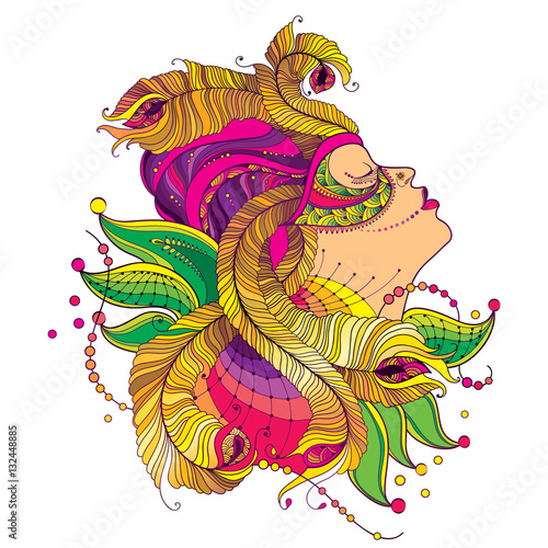 Vector profile girl face in carnival mask with outline golden peacock feathers, ornate collar and beads isolated on white background. Design for masquerade and Mardi Gras celebration in contour style.