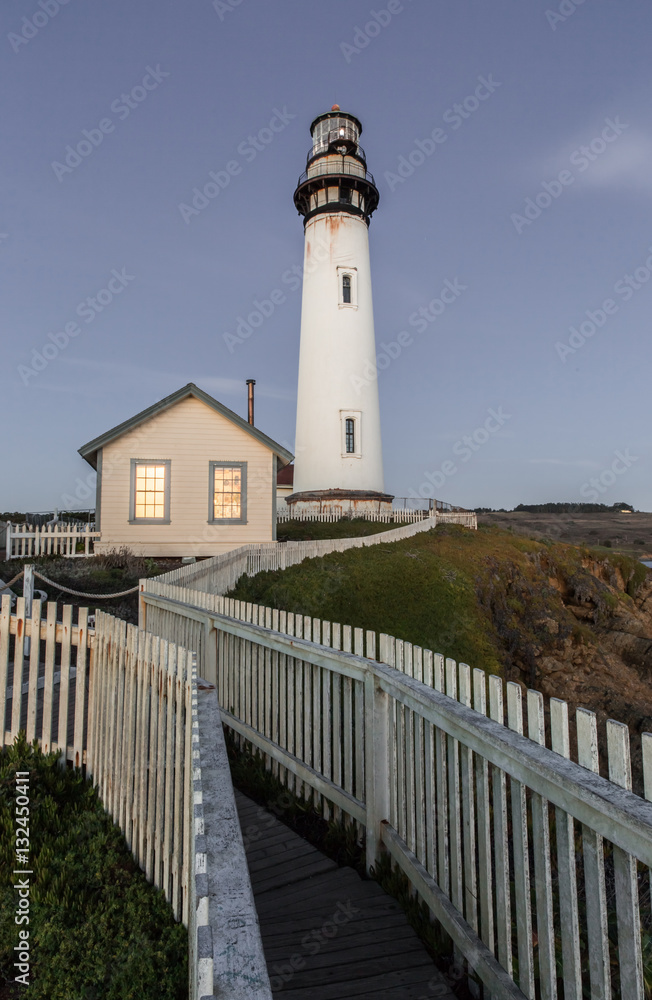 Pigeon Point Lighthouse on a clear winter night sky. Pescadero, Central California Coast, USA.