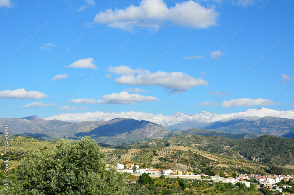 Andalusian view with mountains Sierra Nevada in spring